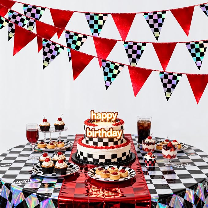 Racing Party Decorations Iridescent Checkered Red Pennant Banner Flag Hanging - Image 5