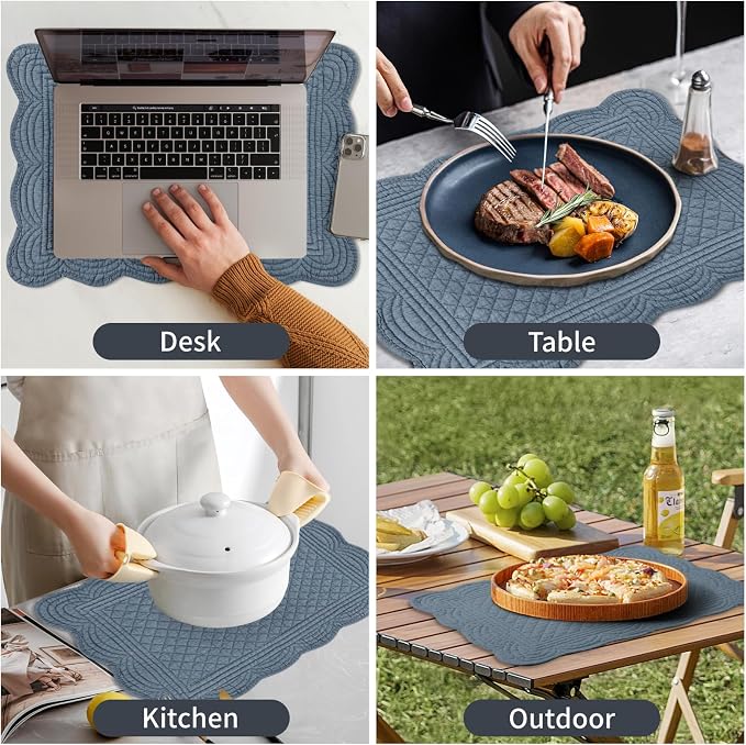 6 PC Quilted Placemats, 100% Cotton Fabric Washable Cloth Table Mats - Image 6