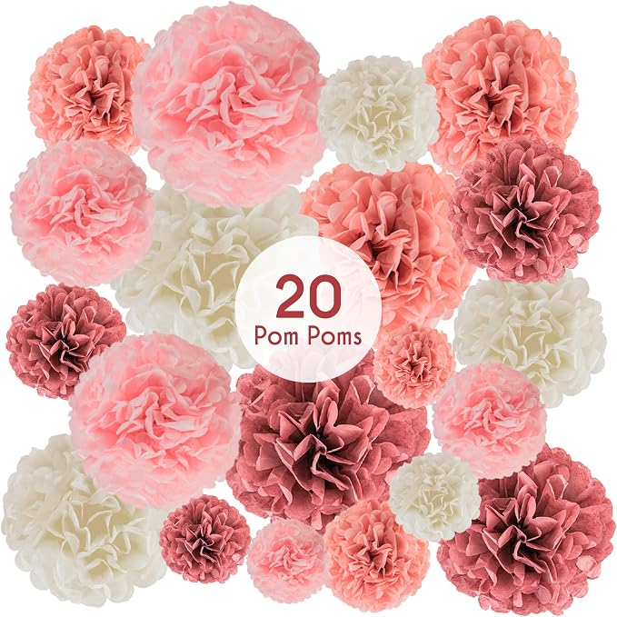 EpiqueOne 20 Piece Tissue Paper Pom Poms | Blush Pink, Dusty Rose, Mauve & by EPIQUEONE