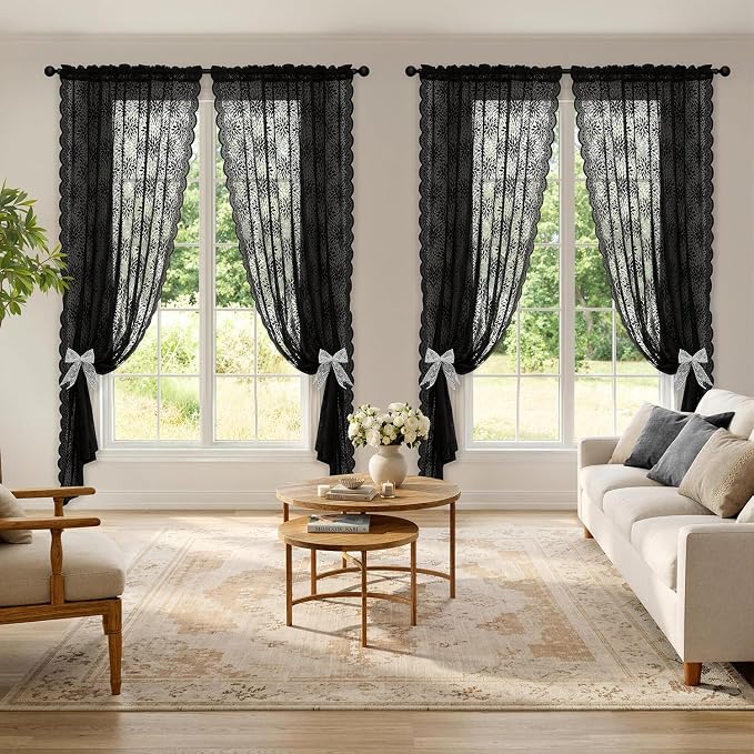 MIULEE Black Lace Curtains 96 inches Long, Victorian Floral Semi Sheer Curtains - Image 2