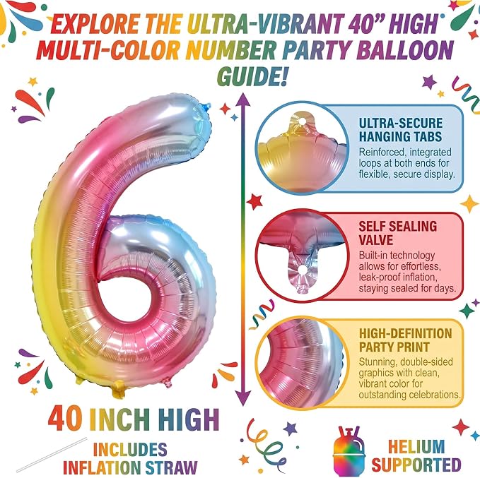 40" Rainbow Foil Number 6 Balloon - Image 2