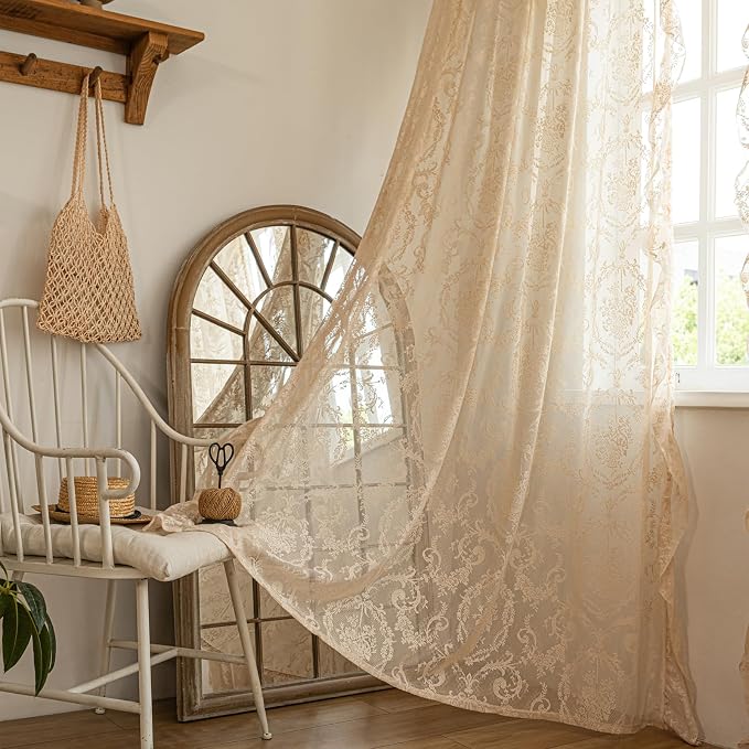 Deeprove Beige Lace Boho Sheer Curtains Cottage 2 Panels - Image 2