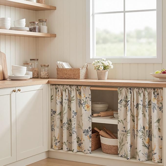MYSKY HOME Floral Kitchen Curtains 36 Inch Length Linen Tier Curtains Farmhouse - Image 2