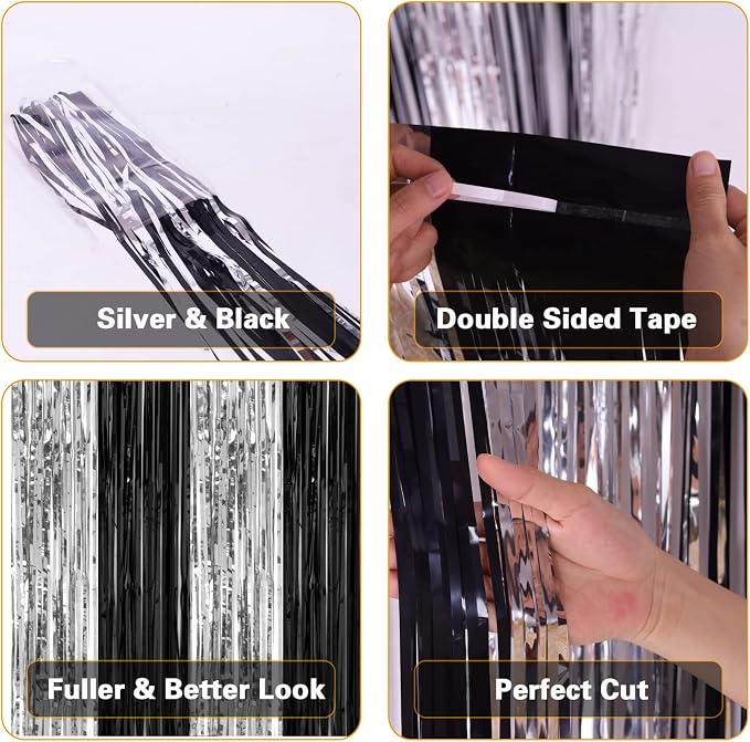 PIGETALE, 2 Pack 3.2 x 8.2 ft Black and Silver Foil Fringe Curtains Party - Image 4