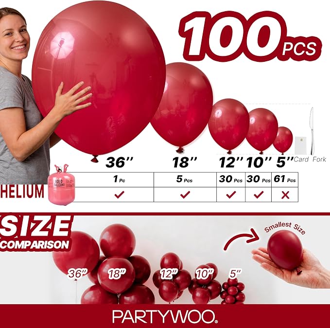 PartyWoo Burgundy Balloons 127pcs Dark Red Maroon Ruby Red Color | 36 18 12 10 - Image 6