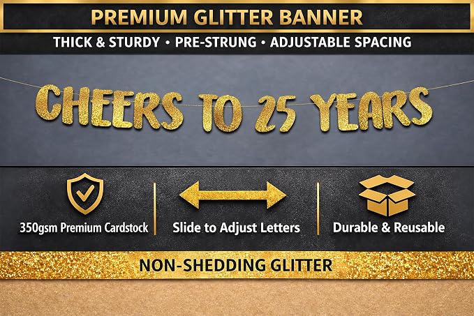 Pre-Strung Cheers to 25 Years Gold Glitter Banner - Image 4