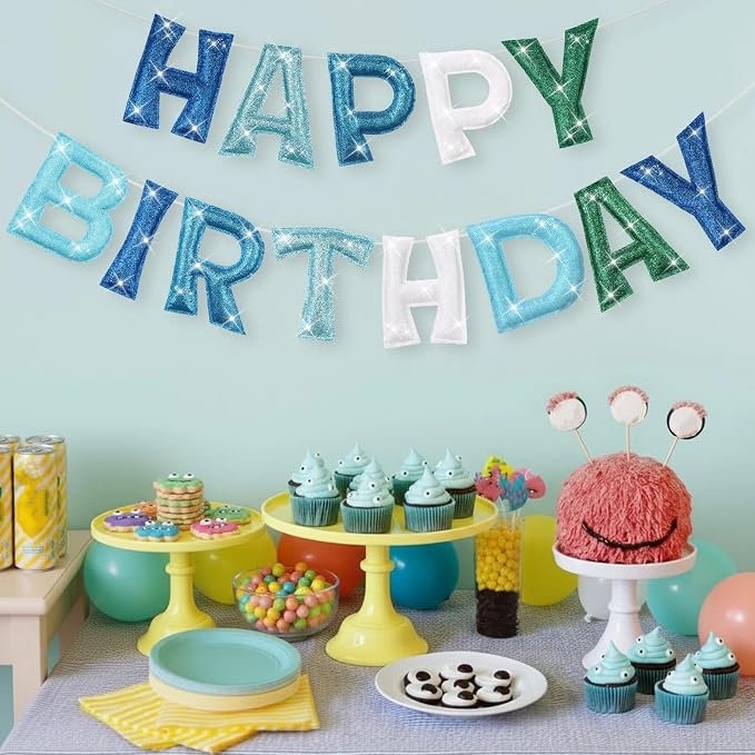 Tegeme Felt Happy Birthday Banner, Teal Glitter Turquoise Happy Birthday - Image 6