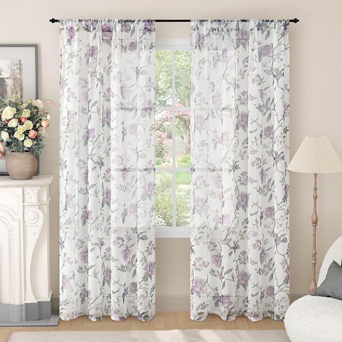 Floral Sheer Curtains 72 Inch Length 2 Panels, Farmhouse Light Filtering by Lajode