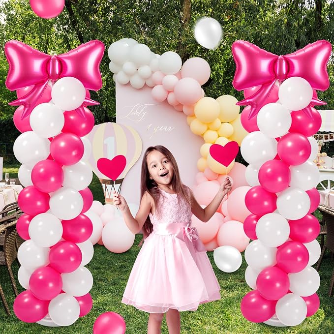 2 Sets Hot Pink White Bow Balloon Column Stand Kit Includes 2 Bows & 100 Latex - Image 5