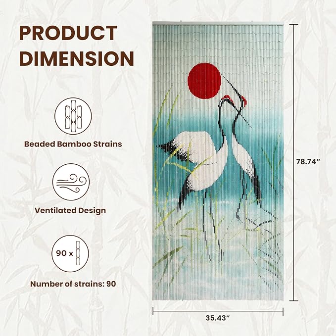Cranes with Red Sun Beaded Bamboo Curtain 35.4" x 78.7" | 90-strand doorway - Image 2