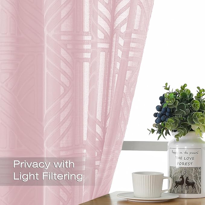 Simplebrand Blush Semi Sheer Curtains 54 Inch Length 2 Panels, Geometric - Image 2