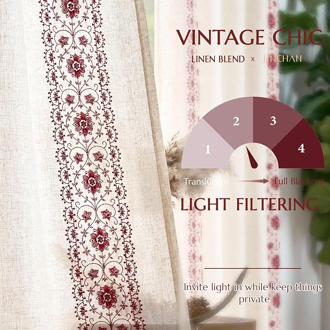 jinchan Red Floral Embroidered Short Linen Curtains 54×54 Inches 2 Panels | - Image 6
