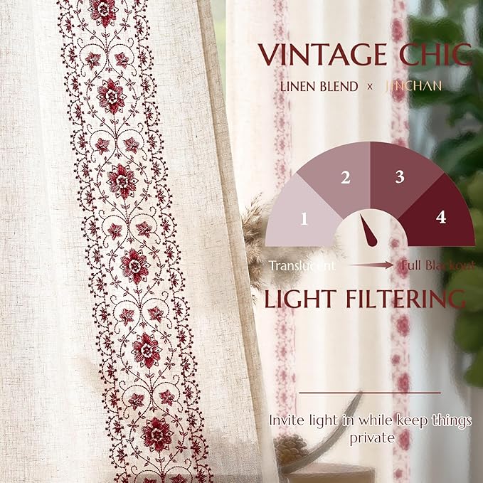 jinchan Red Floral Embroidered Linen Kitchen Curtains 54×45 Inch 2 Panels | - Image 6