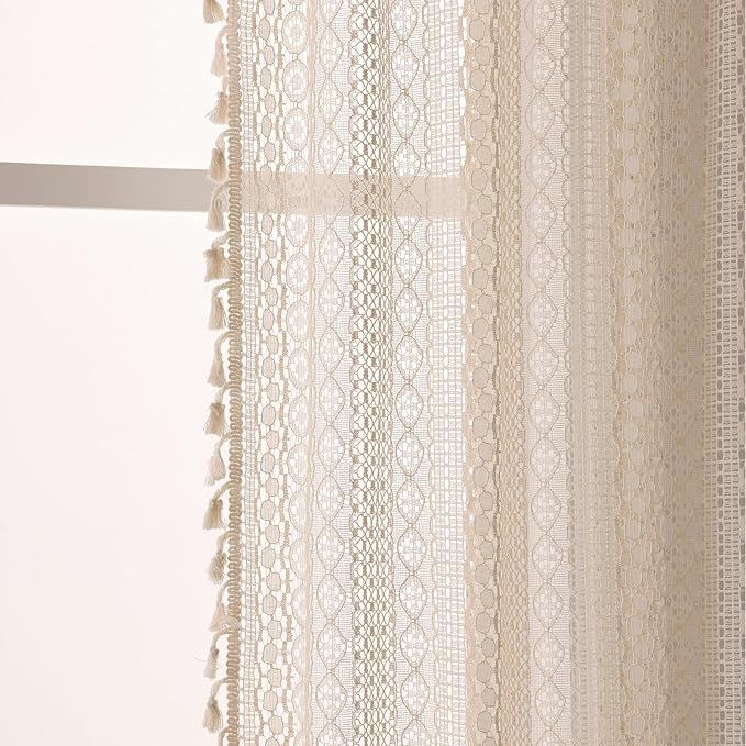 WAZZIO Boho Lace Curtains 54 Inches 2 Panel, Light Filtering Privacy Tassel & - Image 5