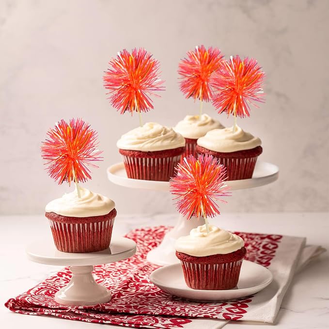 Gyufise 30Pcs Foil Firework Cupcake Toppers Sparkle Tinsel Cake Toppers Tinsel - Image 6