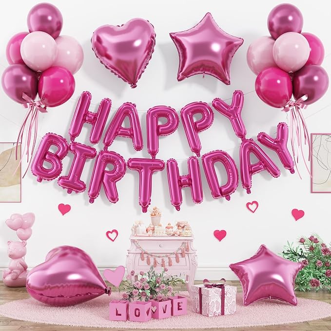 29PC Hot Pink Happy Birthday Balloon Banner, 16 Inch 3D Letter Banner Sign by Paready