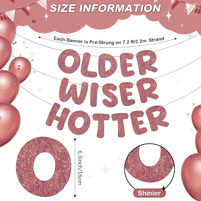 Fulmoon Set of 3 Pre Strung Older Wiser Hotter Glitter Banner Funny Birthday - Image 2