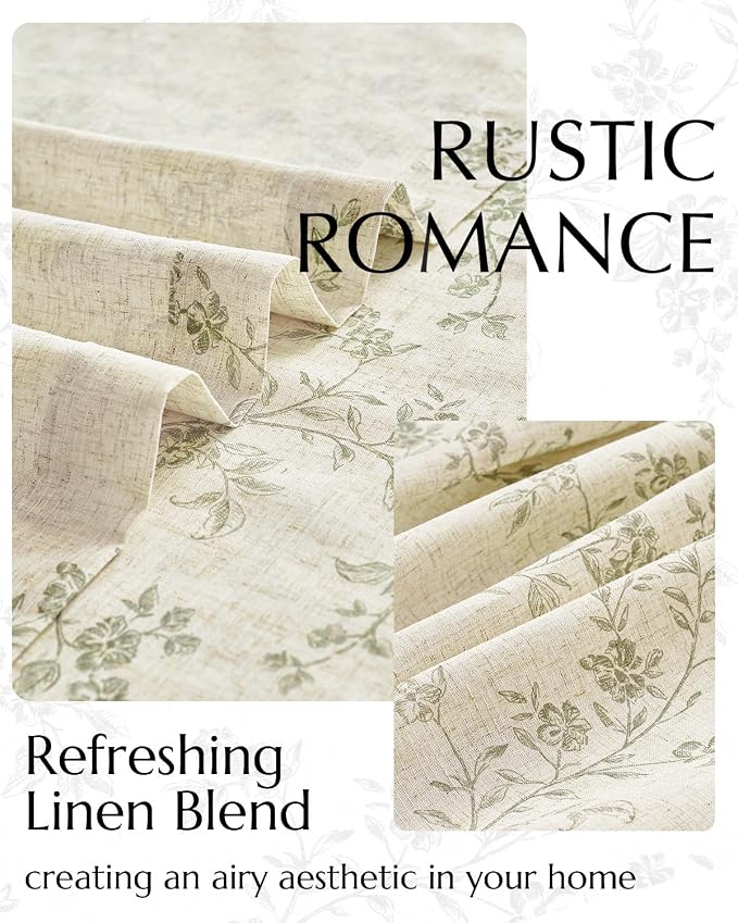 jinchan Green Floral Linen Curtains 84 Inch Farmhouse Back Tab 2 Panels | - Image 5