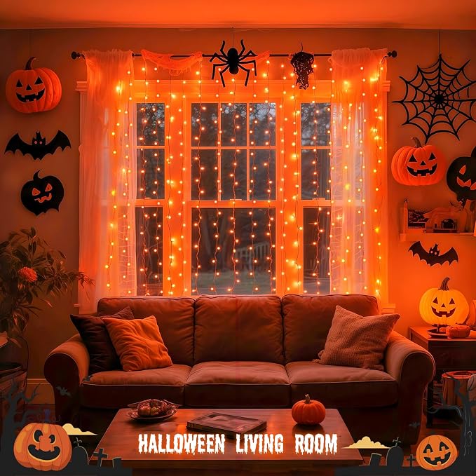 JMEXSUSS Orange Curtain Lights for Halloween, USB Plug in, 200 LED | Remote - Image 3