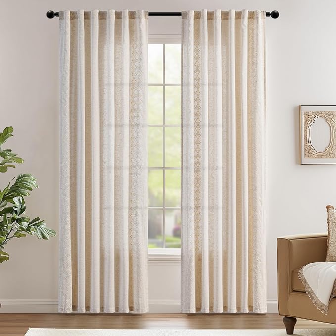jinchan Floral Linen Curtains Embroidered Back Tab 50x84in 2 Panels Ivory | - Image 2