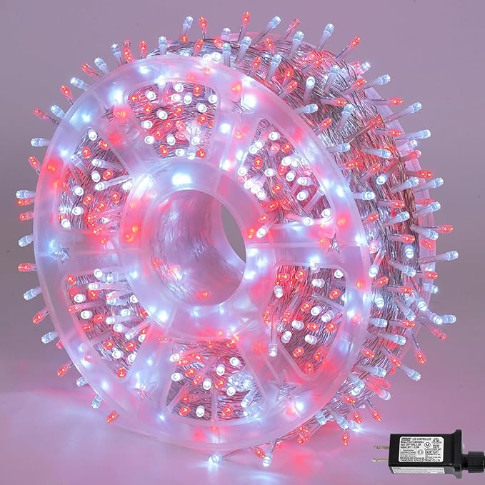 YEGUO 165ft 500 LED Red and White Christmas Lights Outdoor Waterproof, Clear Wire String Lights Indoor Plug in, 8 Modes Clear Wire Twinkle Tree Light for Xmas Party Garden