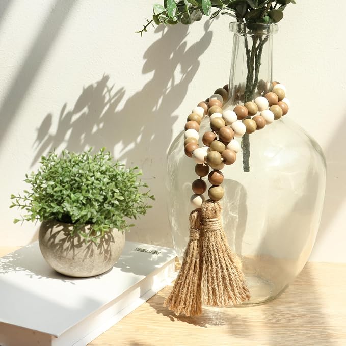 Meplait Wood Bead Garland, 39in Decorative Tassels Garland, Coffee&Natural | - Image 2