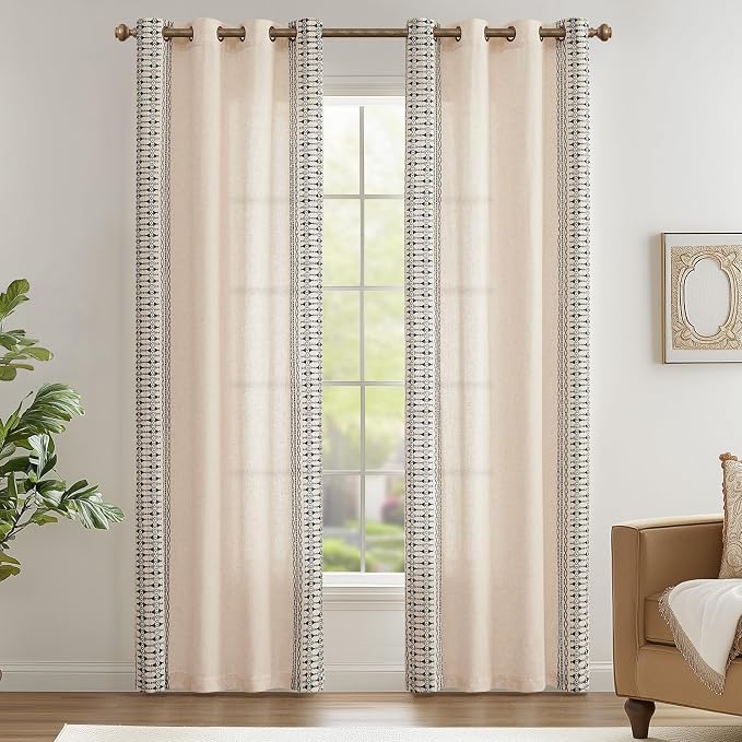 jinchan Boho Curtains Embroidered Linen Blend Window Curtains - Image 2