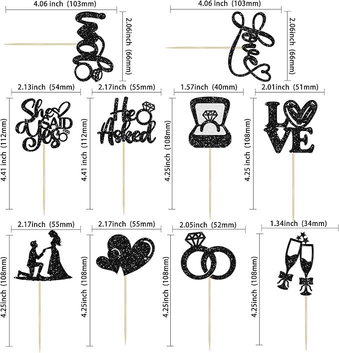 Ephlyn 30Pcs He Asked She Said Yes Cupcake Toppers Glitter Engagement Cupcake Toppers Diamond Ring Heart Love I Do Cupcake Picks for Engagement Wedding Party Cake Decorations Black