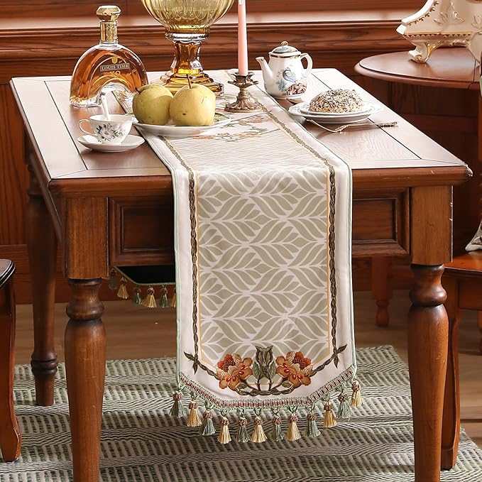 patdrea Designer Elegant French Floral Velvet Table Runner 102 Inch Long,Green with Orange Blossoms Pattern Table Mat, Decor for Kitchen Dining Coffee Table Cabinet Banquet Thanksgiving,12"*102"