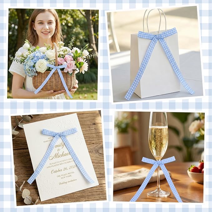 30 Pack Bow Cake Toppers Blue Gingham Ribbons Bows - Image 7