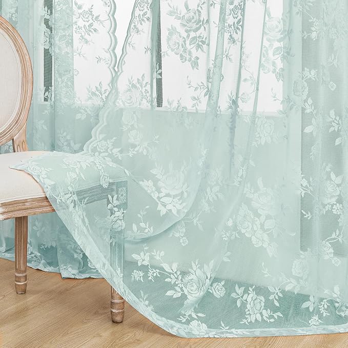 Pastel Teal Lace Curtains 96 Inches Long Aqua Floral Curtains - Image 5