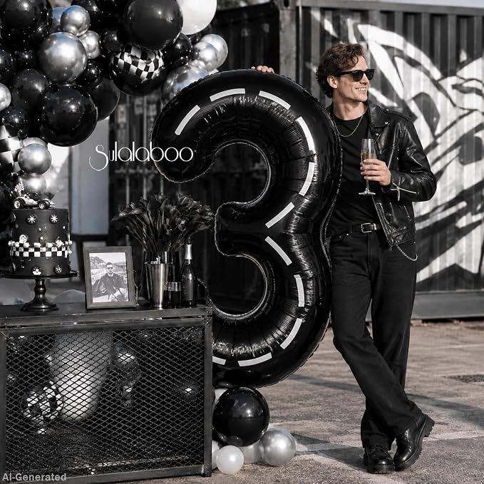 Race Car 40 Inch Black 3 Big Large Helium Balloon Number 0-9 | Track Giant - Image 3