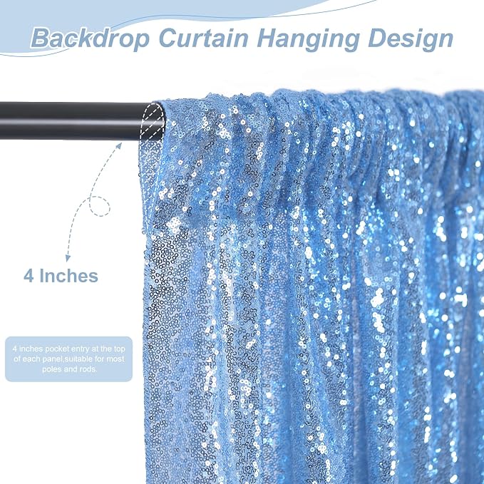 Baby Blue Sequin Backdrop Curtains, 2 Panels 4FTx8FT Blue Curtain Backdrop - Image 2