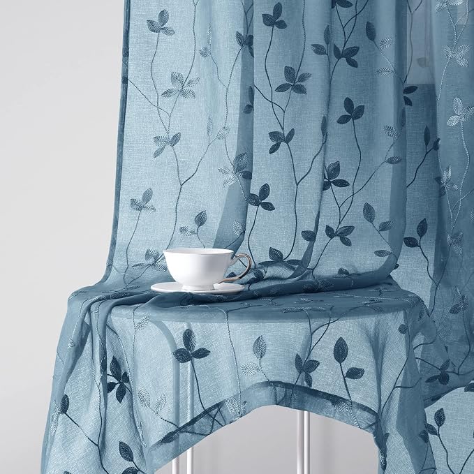 HOMEIDEAS Cyan Blue Sheer Curtains 2 Panels, Embroidered Vine Leaf, W52xL63 | - Image 7