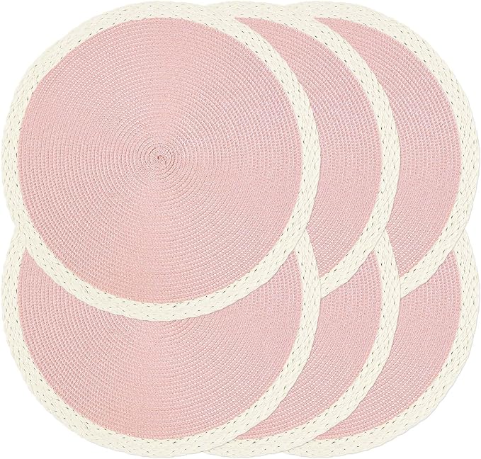 Round Placemats Set of 6, Woven Table Mats, Mint Pink | Braided Paper Edge by Noctiflorous