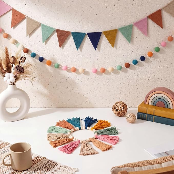 4 Pcs Boho Tassel Garland, 33 Inch Rainbow Pompom Party Decor, Classic | Boho - Image 6