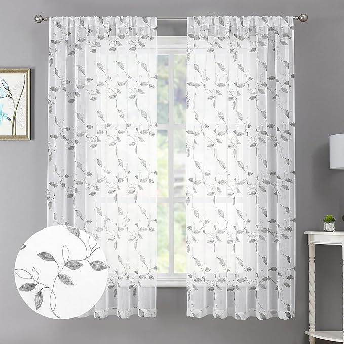 Tollpiz Grey Leaf Sheer Curtains Living Room 54 x 63 Inches | Leaves by Tollpiz