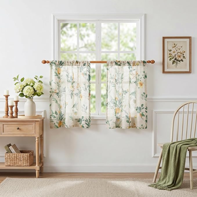 MYSKY HOME Floral Kitchen Curtains 30 Inches Linen Tier Curtains Farmhouse - Image 8