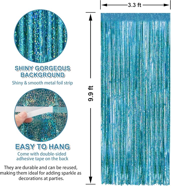 Crosize 2 Pack Laser Blue Party Streamers Backdrop, 3.3 x 9.9 ft | Tinsel Foil - Image 2