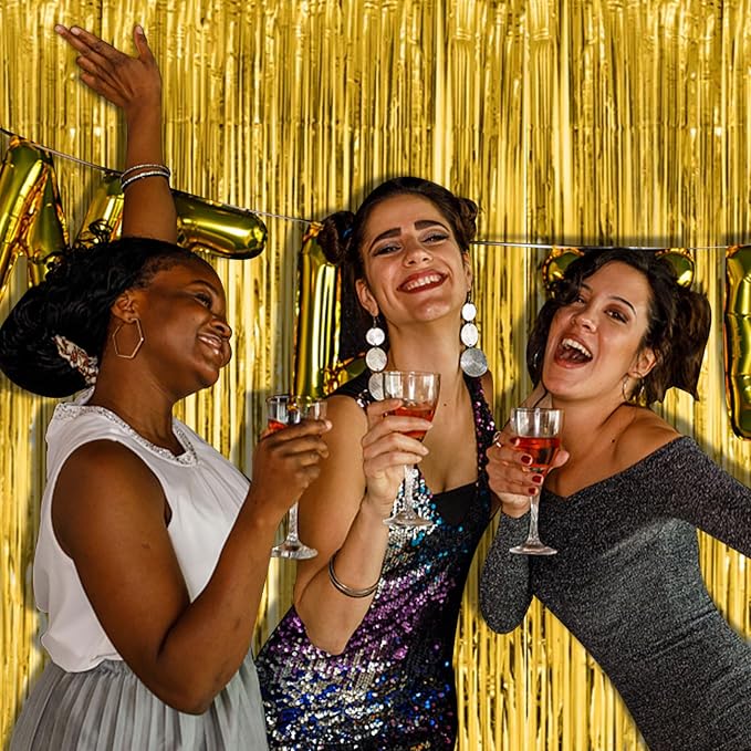 2 Pack Gold Fringe Curtain Backdrop Tinsel Streamers Birthday Party Decorations - Image 3