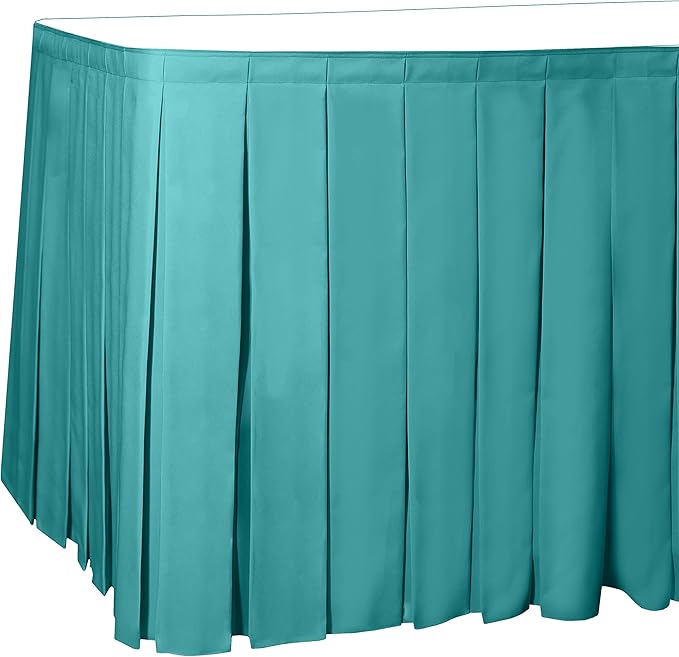 Ultimate Textile Pleat Polyester Fabric Table Skirt - Machine Washable Flame Resistant with Clips for Events, Weddings & Trade Shows, Cut & Sewn in Paterson, NJ - Turquoise, 14' Box Pleat