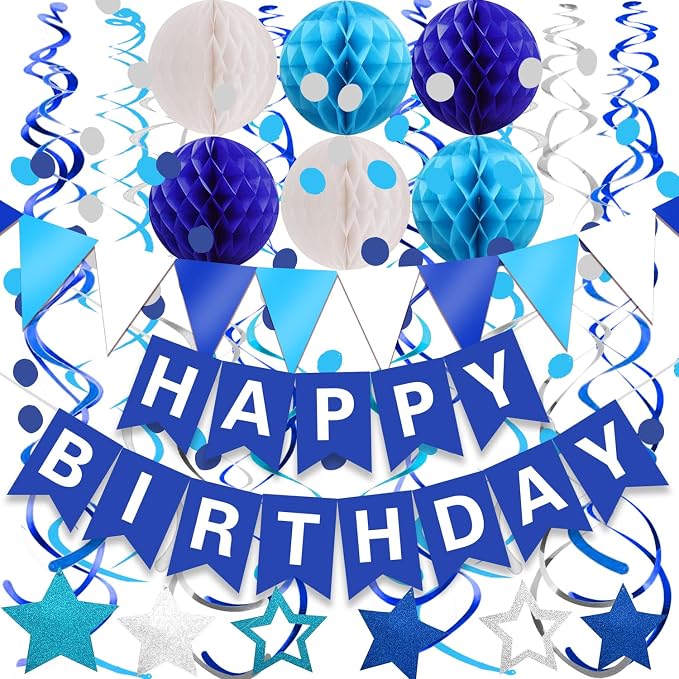 FECEDY Navy Blue Happy Birthday Paper Banner Flag Bunting Circle Confetti by FECEDY