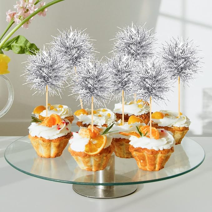 Chinco 100 Pcs Silver Foil Firework Cupcake Toppers New Year Sparkle Tinsel - Image 6