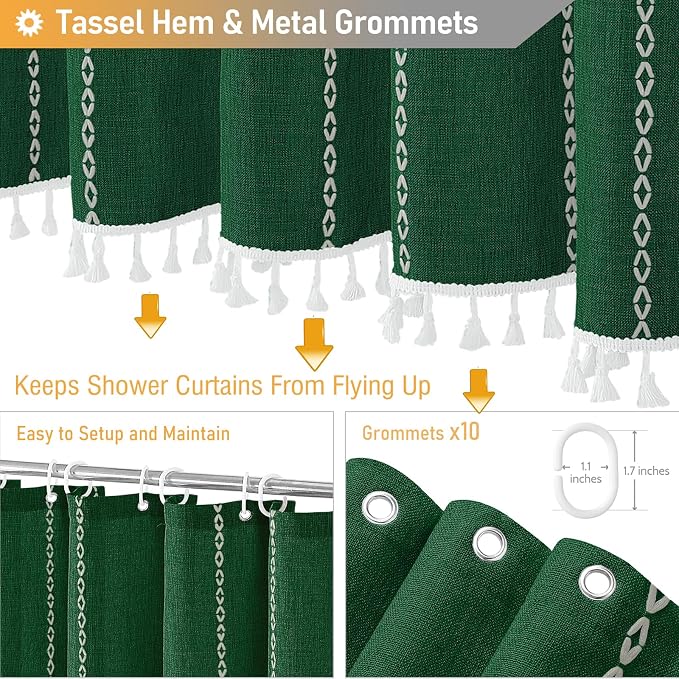 54x78 Boho Farmhouse Linen Heavy Duty Shower Curtain, Emerald Green | Narrow - Image 5