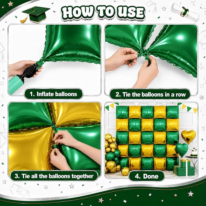 Metallic Dark Green and Gold Double Sided Square Foil Balloons Wall, 19 Inches - Image 3