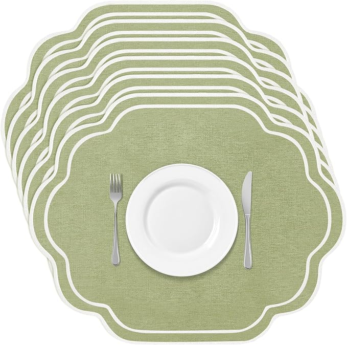 6 Pcs Sage Green Wedding Placemats Scalloped Embroidered Cotton Linen Placemats by Breling