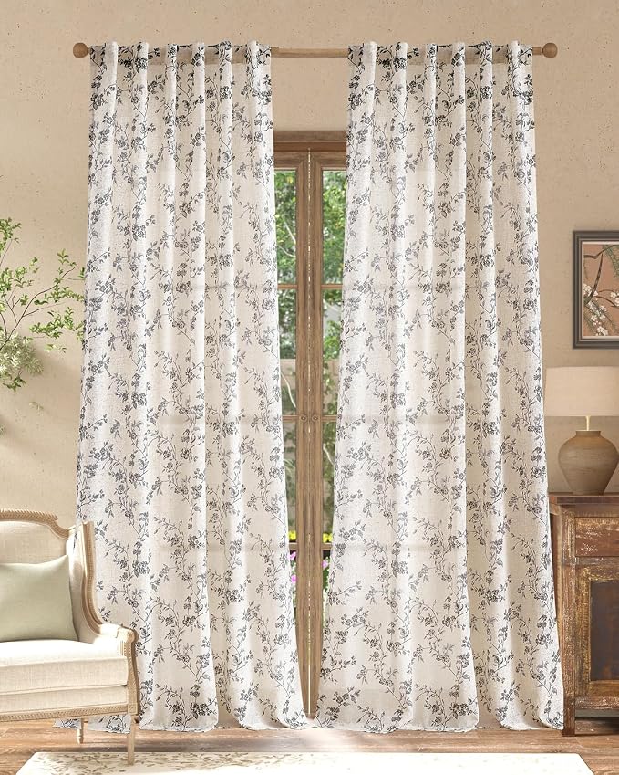 jinchan Black Floral Linen Curtains 96 Inch Farmhouse Back Tab 2 Panels | by JINCHAN