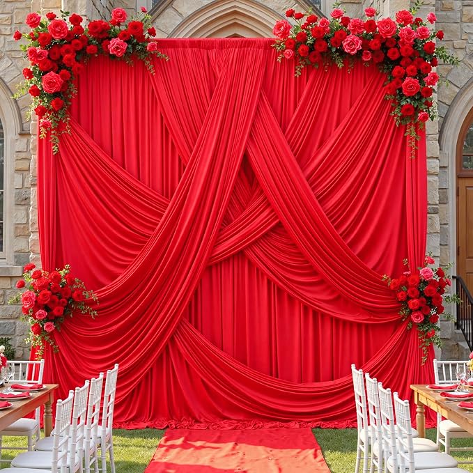 50ft×12ft Red Backdrop Curtain for Wedding Parties, 10 Panels Wrinkle Free by PartyVillage
