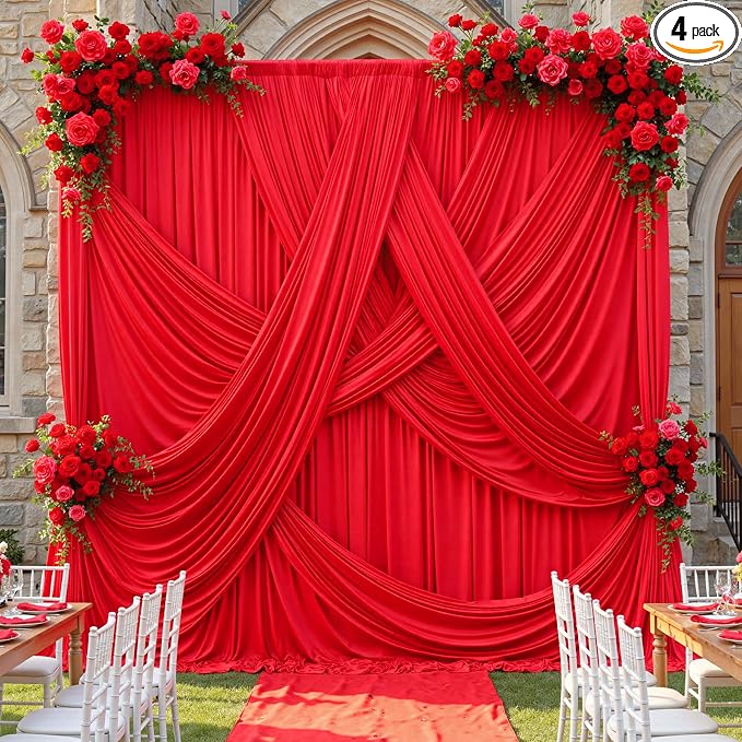 20ft×12ft Red Backdrop Curtain for Wedding Parties, 4 Panels Wrinkle Free by PartyVillage