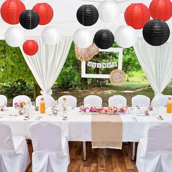 21Pcs Black Red White Paper Lanterns, 4-10in Round Hanging Decor, Parties | - Image 7